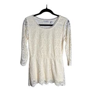 Isaac Mizrahi Cream Lace Peplum Top With 3/4 Length Sleeves Size XXS